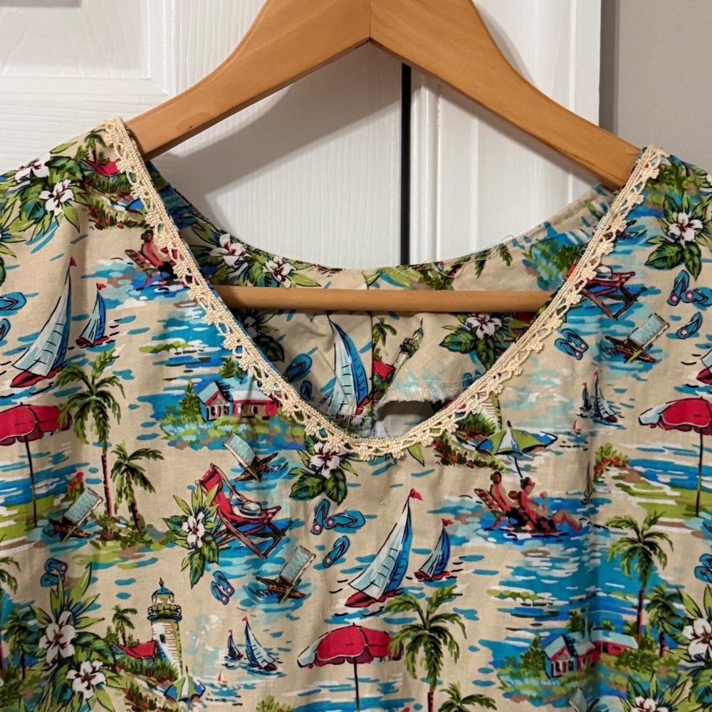 Tropical Hawaiian Beach Scene Ruffle Hem Mini Dress Size XL Tan Blue Handmade - Picture 4 of 8